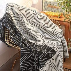 2Pcs Black and White Knitted Modern Patterned Throw Blanket 50x70 Inch